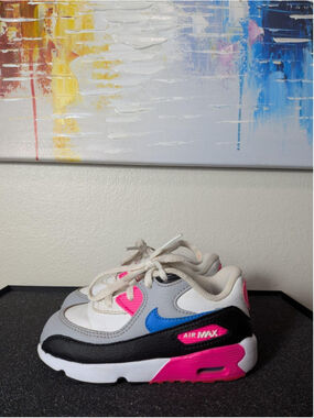 Nike Air Max 90 Shoes Kids Size 8C White Pink Blue Colorblock Sneakers